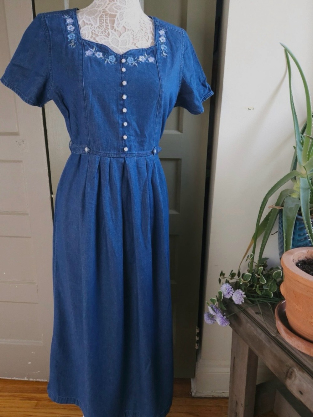 Blue Denim Maxi Dress with Embroidered Square Neck